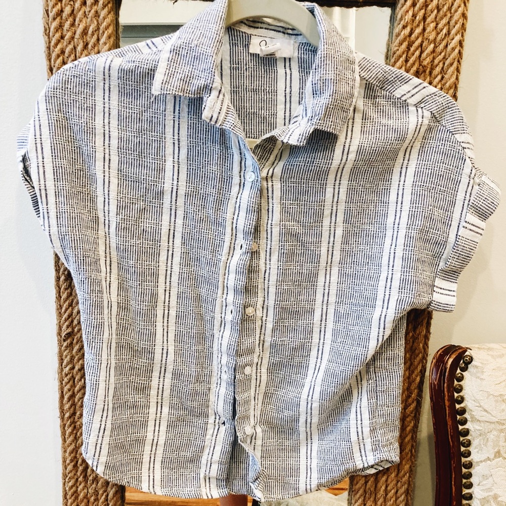 Crop top, button down tailored blue and white striped